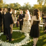 Bride and groom saying vows in ring of flower petals